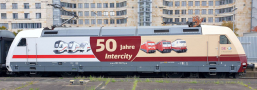 [Lokomotivy] → [Elektrick] → [BR 101] → 502215: elektrick lokomotiva s reklamNm potiskem „50 Jahre Intercity“
