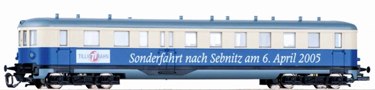 [Osobn vozy] → [Ostatn] → 505308: modr-slonov kost s reklamnm potiskem „Sonderfahrt nach Sebnitz April 2005“