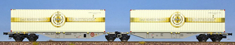 [Nkladn vozy] → [Nzkostnn] → [6-os Kombiwaggon] → H70505: ed se dvma kontejnery 40′ „Warsteiner“