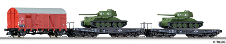 [Soupravy] → [Nkladn] → 01628: set krytho vozu a dvou ploinovch voz s tanky T34/85