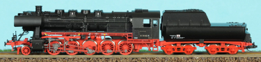 [Lokomotivy] → [Parní] → [BR 50] → 505001: parní lokomotiva černá s červeným pojezdem a s kouřovými plechy, vanový tendr