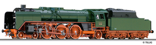 [Lokomotivy] → [Parní] → [BR 01] → 501476: parní lokomotiva zelená s kouřovými plechy, červený pojezd
