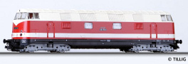 [Lokomotivy] → [Motorové] → [V 180 (BR 118)] → 501132-2: červená s krémovým pruhem a šedou střechou, černý rám a pojezd