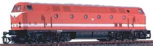 [Lokomotivy] → [Motorové] → [BR 119] → 02550: dieselová lokomotiva červená s bílým pruhem a černým pojezdem