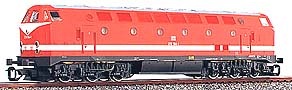 [Lokomotivy] → [Motorové] → [BR 119] → 02552: dieselová lokomotiva červená s bílým pruhem a černým pojezdem BR 219