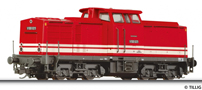 [Lokomotivy] → [Motorové] → [V 100] → 04592: dieselová lokomotiva červená se dvěma krémovými proužky, černý rám a pojezd