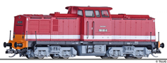 [Lokomotivy] → [Motorové] → [V 100] → 502198: dieselová lokomotiva červená s bílým proužkem a oranžovým čelníkem, černý rám
