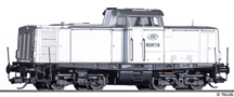 [Lokomotivy] → [Motorové] → [V 100] → 501971: dieselová lokomotiva bílá s černým rámem a pojezdem „Mumie“