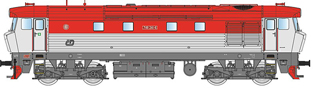[Lokomotivy] → [Motorové] → [T478.1 „Bardotka”] → 33412B: dieselová lokomotiva červená-bílá s černým rámem a pojezdem