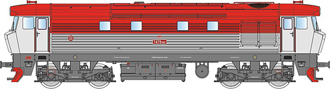 [Lokomotivy] → [Motorov] → [T478.1 „Bardotka”] → 33435A: dieselov lokomotiva erven-ed s ernm rmem a pojezdem, depo Jihlava