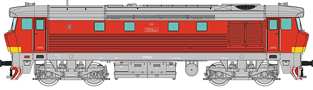 [Lokomotivy] → [Motorové] → [T478.1 „Bardotka”] → 33439A: dieselová lokomotiva červená s výstražným žlutým proužkem, šedá střecha