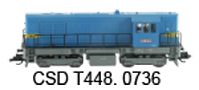 [Lokomotivy] → [Motorov] → [T466.2/T448.0] → CSD-T448-0736: dieselov lokomotiva modr, ed rm a pojezd