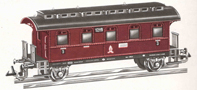 [Osobní vozy] → [Spěšné a osobní] → [2-osé pruské] → 3111: osobní vůz červený s černou střechou 3. tř.