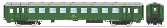 [Osobní vozy] → [Spěšné a osobní] → [4-osé Bai „Osmidvéřák“] → 97000004: osobní vůz zelený s šedou střechou 2. tř., Brno