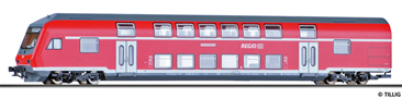 [Osobní vozy] → [Patrové] → [4-osé] → 13802: červený s bílými proužky a dveřmi a s šedou střechou, řídící vůz
