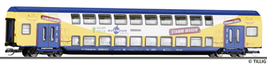 [Osobní vozy] → [Patrové] → [4-osé] → 16795: patrový vůz v barevném schematu „metronom“
