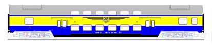 [Osobní vozy] → [Patrové] → [DBm] → 41106: středový patrový vůz v barevné kombinaci modrá-žlutá „S-Bahn Halle-Leipzig“