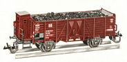 [Nákladní vozy] → [Otevřené] → [2-osé Omu] → 4221: červenohnědý s brzdařskou budkou a nákladem uhlí