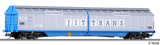 [Nákladní vozy] → [Kryté] → [4-osé s posuvnými bočnicemi Habbis] → 15835: krytý nákladní vůz světle modrý s šedými bočnicemi „Jit-Trans“