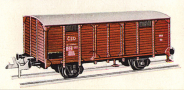 [Nákladní vozy] → [Kryté] → [2-osé s nízkou střechou] → 159/91: krytý nákladní vůz červenohnědý s šedou střechou