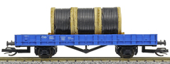 [Nákladní vozy] → [Nízkostěnné] → [2-osé Rm] → : nízkostěnný nákladní vůz modrý s nákladem tří bubnů kabelů „Elektrizace železnic“