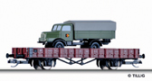 [Nákladní vozy] → [Nízkostěnné] → [2-osé Rm] → 01711: červenohnědý s nákladním vozem „Militärtransport“
