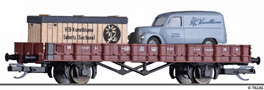 [Nákladní vozy] → [Nízkostěnné] → [2-osé Rm] → 501946: nízkostěnný nákladní vůz ložený dodávkou Framo „Kunstblume“ a bedny