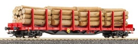 [Nákladní vozy] → [Nízkostěnné] → [4-osé plošinové Rgs] → 15577: nákladní plošinový vůz červený s klanicemi a s nákladem dřeva