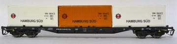 [Nákladní vozy] → [Nízkostěnné] → [4-osé plošinové Rgs] → TG-1044: nákladní plošinový vůz černý se třemi kontejnery 20′ „Hamburg Süd”