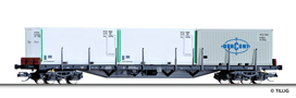 [Nákladní vozy] → [Nízkostěnné] → [4-osé plošinové Rgs] → 501619: nákladní plošinový vůz černý s nákladem tří kontejnerů 20