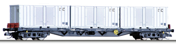 [Nákladní vozy] → [Nízkostěnné] → [4-osé plošinové Rgs] → 18111: nákladní plošinový vůz černý se třemi kontejnery 20′ s bočními dveřmi