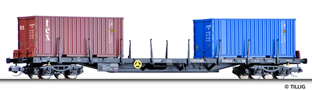 [Nákladní vozy] → [Nízkostěnné] → [4-osé plošinové Rgs] → 18113: nákladní plošinový vůz černý se dvěma kontejnery 20′