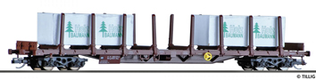[Nákladní vozy] → [Nízkostěnné] → [4-osé plošinové Rgs] → 18119: nákladní plošinový vůz hnědý se dvěma kontejnery 20′ „Holz BAUMANN“