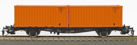 [Nákladní vozy] → [Nízkostěnné] → [2-osé kontejnerové Lbgjs 598] → 35003: černý plošinový se dvěma oranžovými kontejnery
