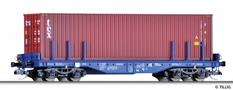 [Nákladní vozy] → [Nízkostěnné] → [4-osé plošinové] → 15150: plošinový vůz modrý s nákladem 40′ kontejneru