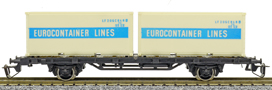 [Nákladní vozy] → [Nízkostěnné] → [2-osé Sm] → 14521: nákladní plošinový vůz černý se dvěma 20′ kontejnery „EUROCONTAINER LINES“