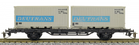 [Nákladní vozy] → [Nízkostěnné] → [2-osé Sm] → 04520: nákladní plošinový vůz černý se dvěma 20′ kontejnery „DEUTRANS“, později „DDR-CONT“