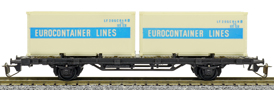 [Nákladní vozy] → [Nízkostěnné] → [2-osé Sm] → 04521: nákladní plošinový vůz černý se dvěma 20′ kontejnery „EUROCONTAINER LINES“