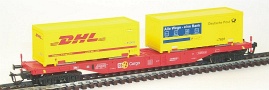 [Nákladní vozy] → [Nízkostěnné] → [4-osé kontejnerové Sngs] → 31141: červený se dvěma žlutými kontejnery ″DHL″ a ″Deutsche Post″