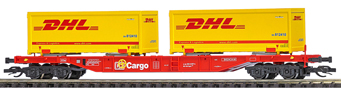 [Nákladní vozy] → [Nízkostěnné] → [4-osé kontejnerové Sngs] → 31145: červený s nákladem dvou žlutých kontejnerů 20′ „DHL“