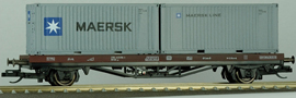 [Nákladní vozy] → [Nízkostěnné] → [2-osé kontejnerové Lgs 579] → 1763: plošinový nákladní vůy červenohnědý se dvěma kontejnery „Maersk“