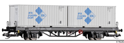 [Nákladní vozy] → [Nízkostěnné] → [2-osé kontejnerové Lgs 579] → 502271: plošinový vůz černý s nákladem 2x20′ kontejneru „IFA“