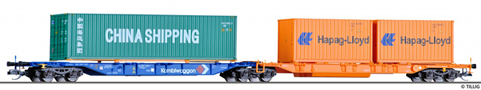 [Nákladní vozy] → [Nízkostěnné] → [6-osé Kombiwaggon] → 18003: modrý-oranžový „Kombiwaggon“ se třemi kontejnery