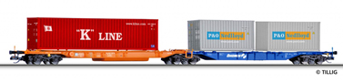[Nákladní vozy] → [Nízkostěnné] → [6-osé Kombiwaggon] → 18004: modrý-oranžový „Ökombi“ se třemi kontejnery