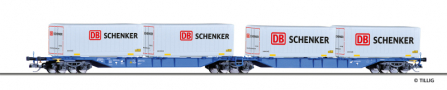 [Nákladní vozy] → [Nízkostěnné] → [6-osé Kombiwaggon] → 18035: modrý „Kombiwaggon“ se čtyřmi kontejnery 20′ „DB Schenker“