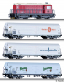 [Soupravy] → [S lokomotivou] → 01049 E: set dieselové lokomotivy a tří chladících vozů „75 Jahre Nenngröße TT“